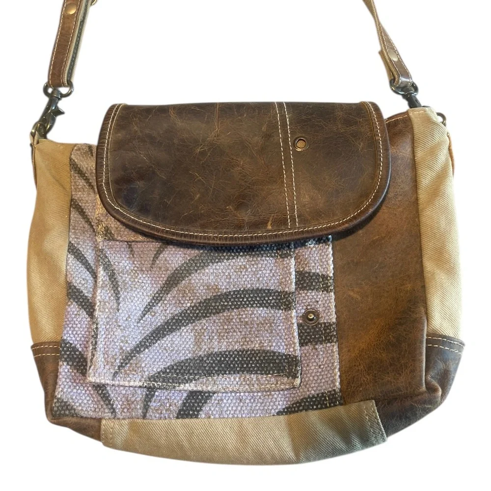 Myra Bag Crossbody Messenger Distressed Leather & Canvas Shoulder Handbag Purse - Picture 3 of 15